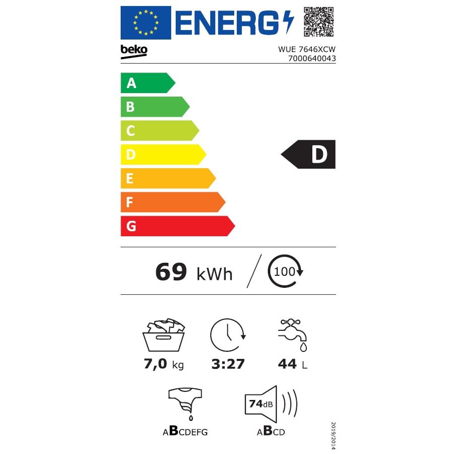 Masina de spalat rufe Beko WUE 7646XCW, 7 kg, 1200 RPM, Clasa D, Motor ProSmart Inverter, HomeWhiz, SteamCure, Hygiene+, Alb