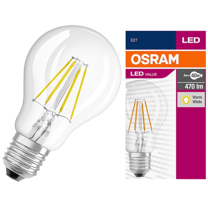 Bec LED Osram E27, 4W (40W), 470 lm, lumina calda (2700K), clasa energetica E