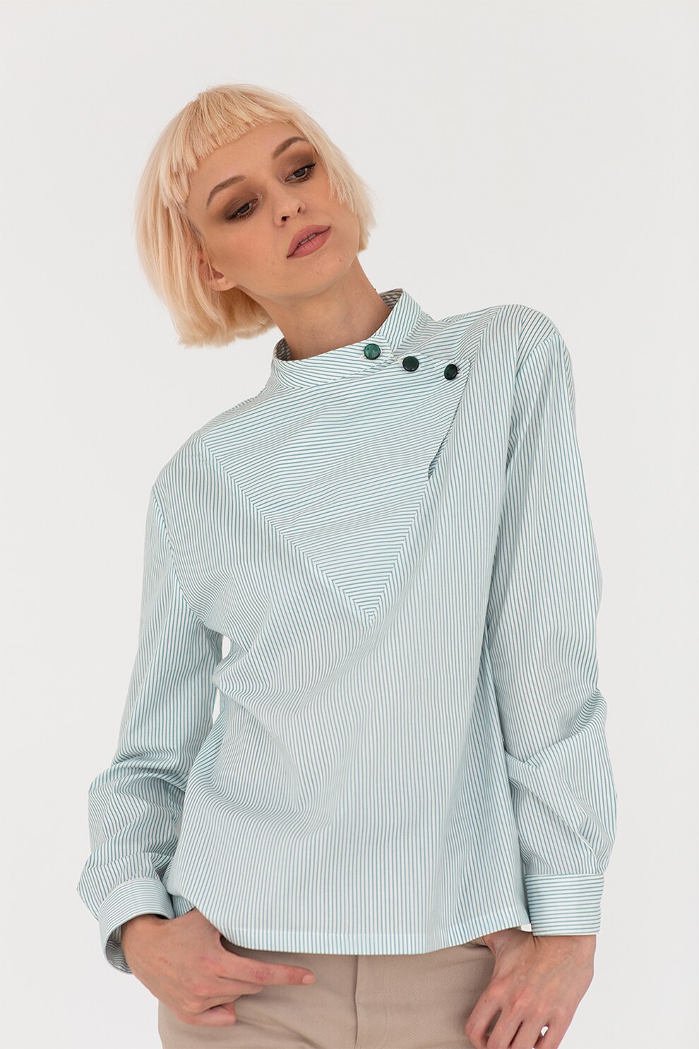 Undress, Bluza tip tunica cu nasturi contrastanti, Alb/verde