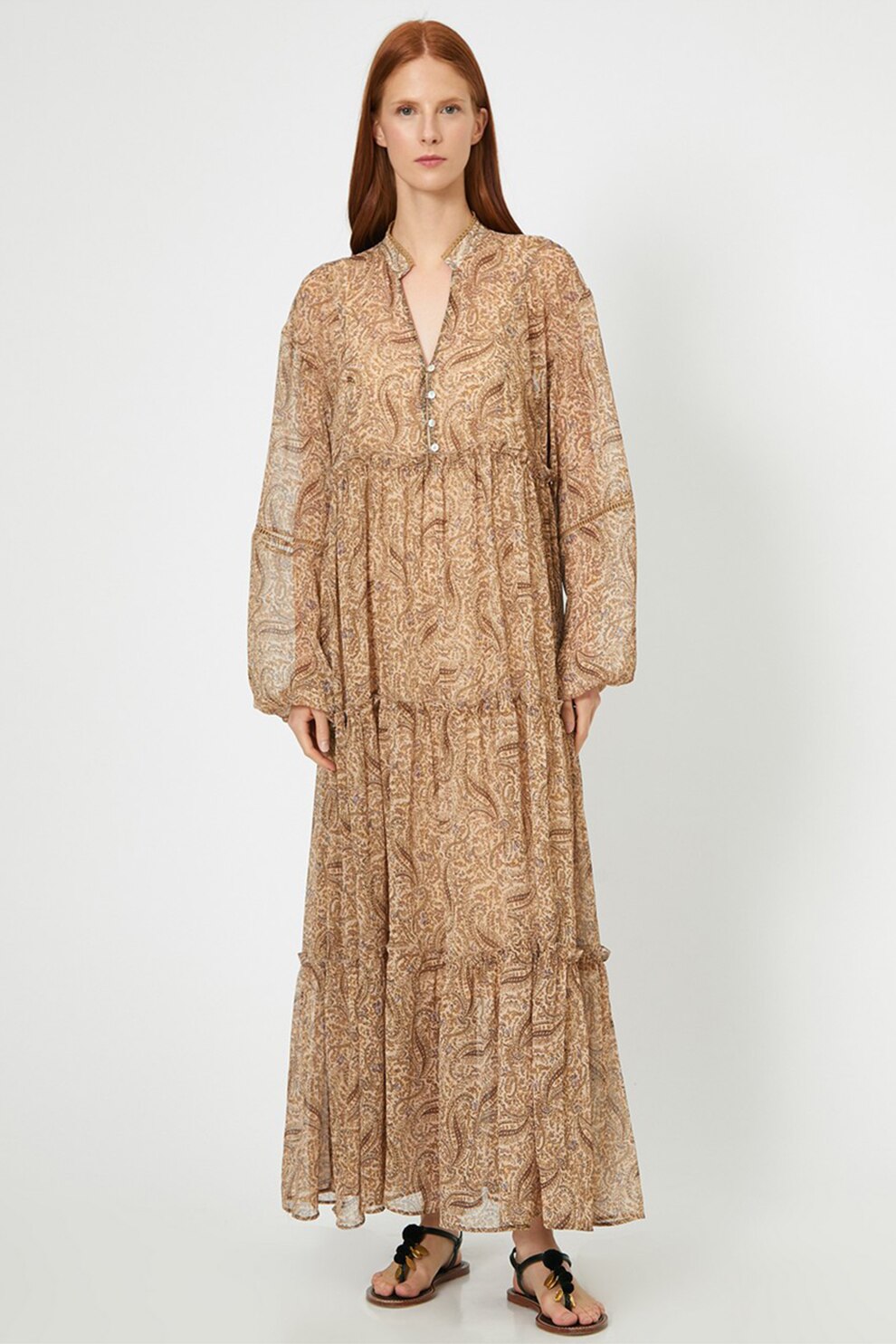KOTON, Rochie maxi evazata cu model paisley, Bej