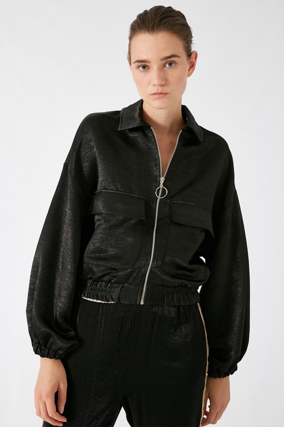 KOTON, Jacheta bomber cu buzunare aplicate, Negru/Albastru, XS