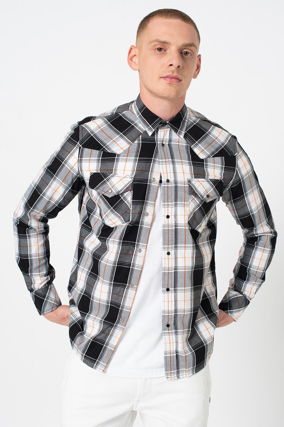 Diesel, Camasa in carouri cu buzunare pe piept East, Negru/Alb