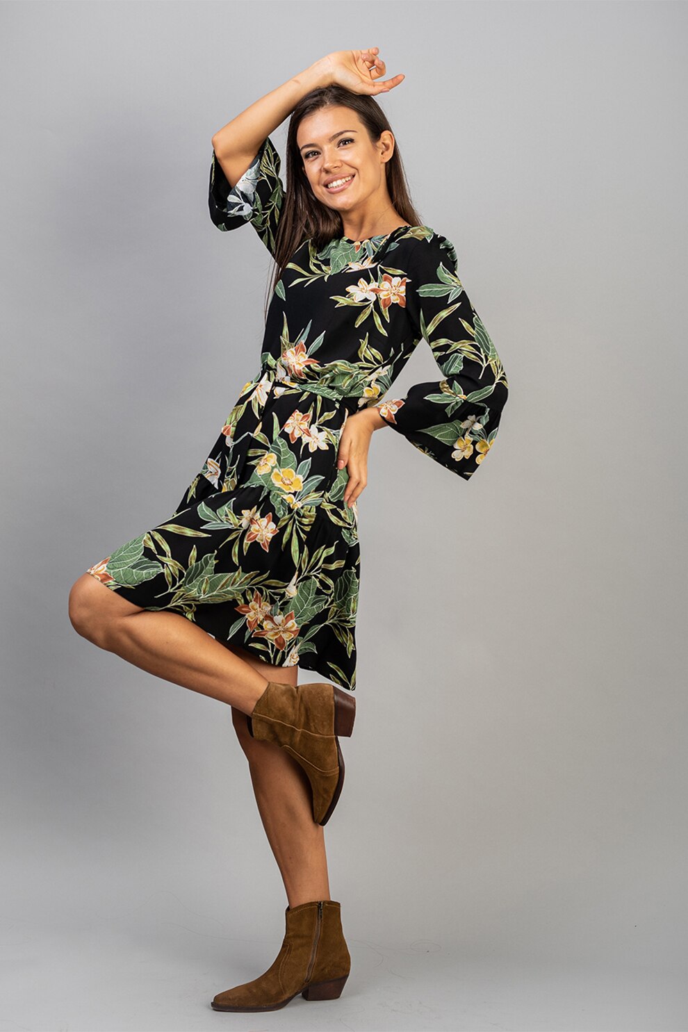 Couture de Marie, Rochie mini cu imprimeu floral, Negru/Verde/Galben
