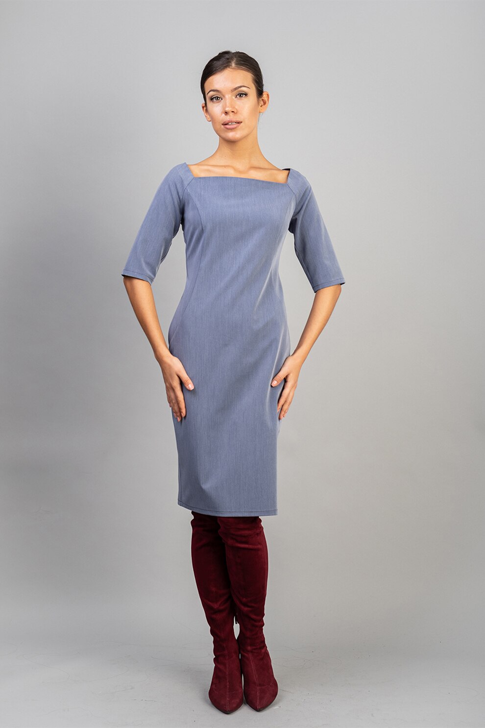 Couture de Marie, Rochie cu decolteu patrat, Albastru prafuit