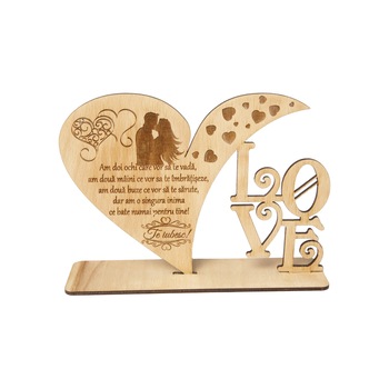 Inima din lemn decorativa cu suport, Mesaj de dragoste  Inima din lemn decorativa cu suport, Mesaj de dragoste