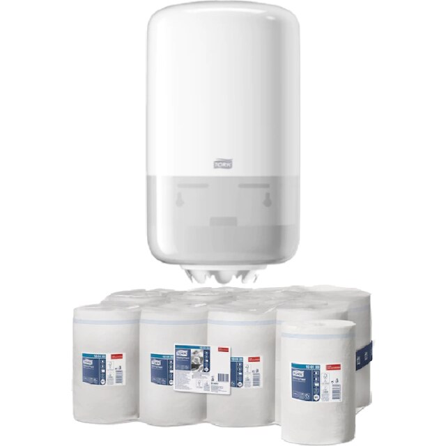 Pachet 11x Prosoape de hartie Tork Advanced M1, 100130, 1 strat, 120m si Dozator Tork pentru Lavete Advanced M1, 558000, culoare alb