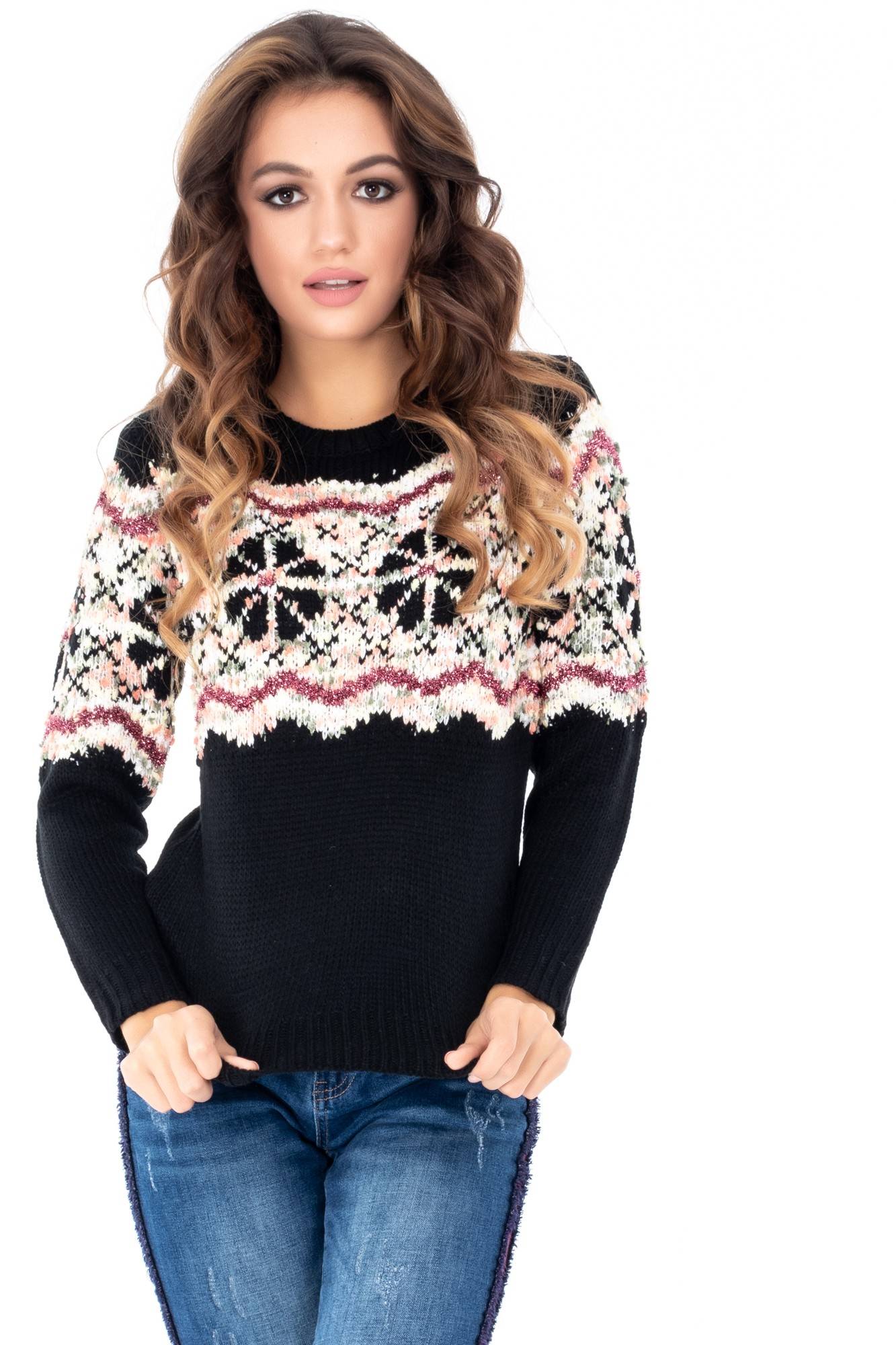 Pulover negru, ROH, cu imprimeu - BR1937, 38