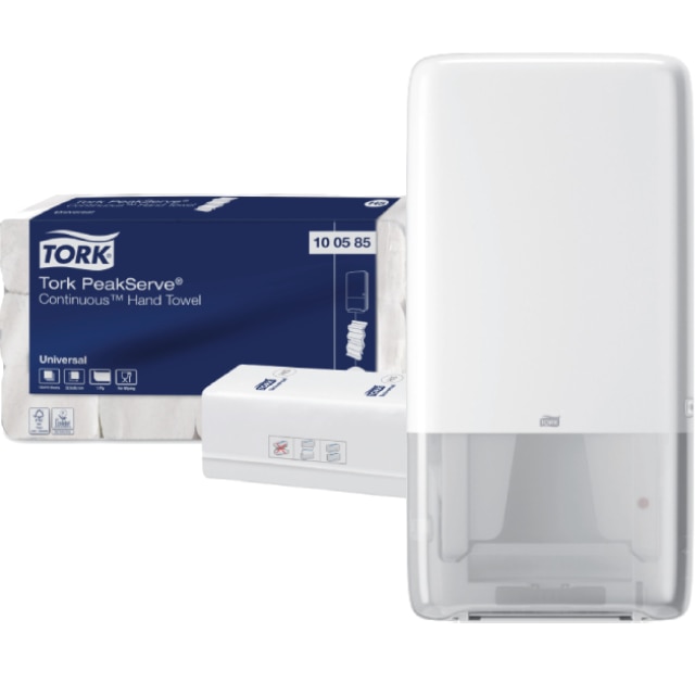 Pachet 12xProsoape hartie Tork PeakServe Continuous, H5, 100585, 1 strat, culoare alb si Dozator Tork pentru prosoape maini PeakServe, H5, 552500, culoare alb