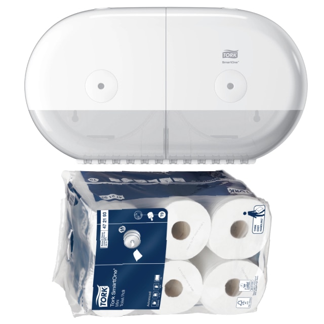Pachet 12xHartie igienica Tork SmartOne Mini T9, 472193, 2 straturi, 112m si Dispenser Tork SmartOne Twin Mini T9, 682000, culoare alb