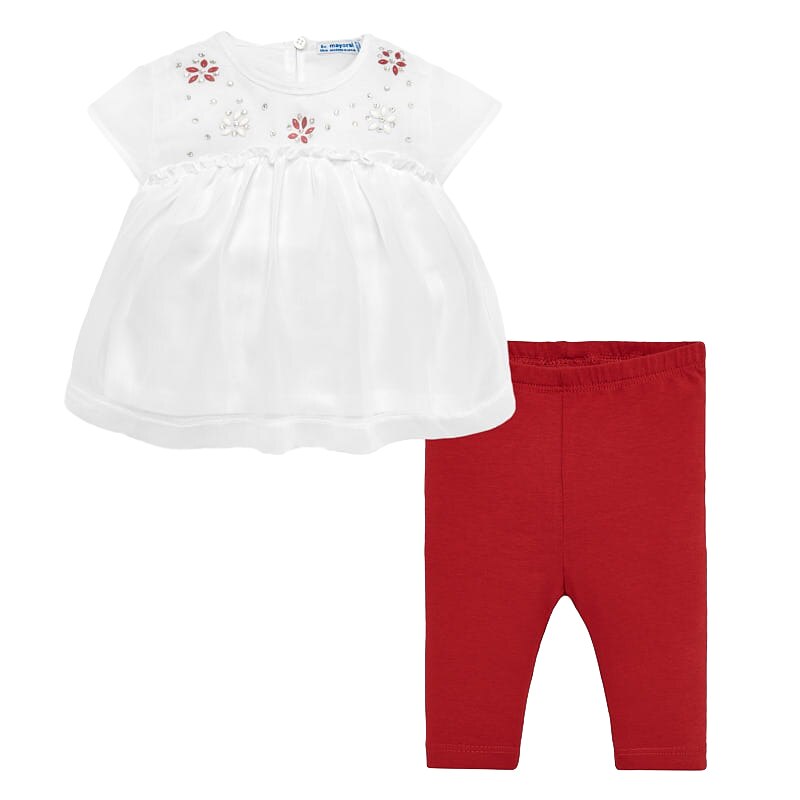 Set, Mayoral, bluza si pantalon, fetita, alb/rosu, 18 luni