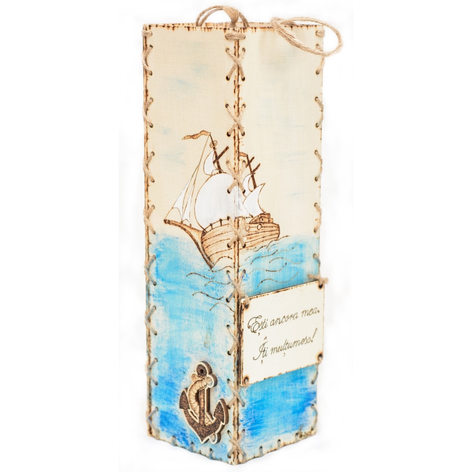 Cutie cadou pentru sticla de vin, ancora, pictat manual