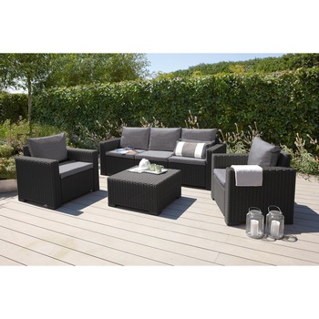 Set mobilier de gradina, Keter California, 4 piese, aspect ratan, gri antracit, perne incluse