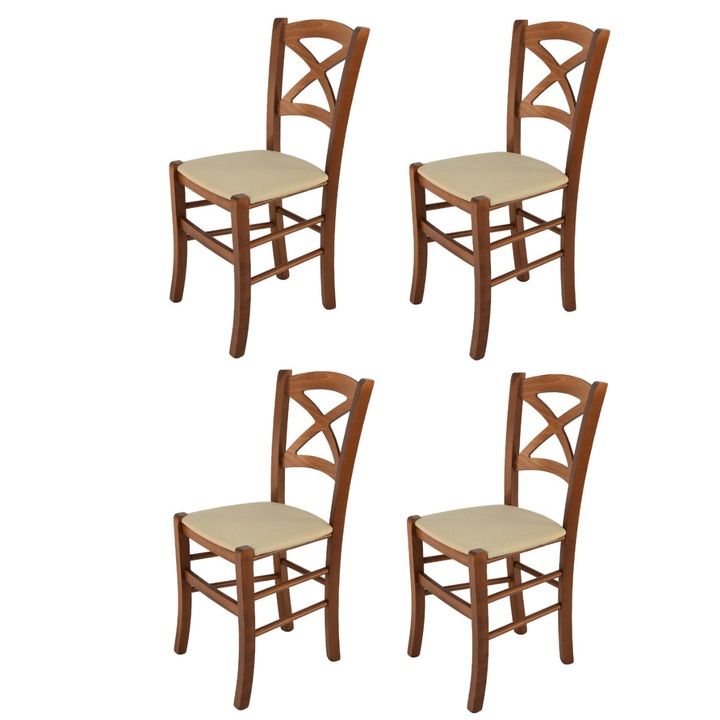 Set 4 scaune din lemn de fag CROSS t m c s, Tapitate, Maro / Crem