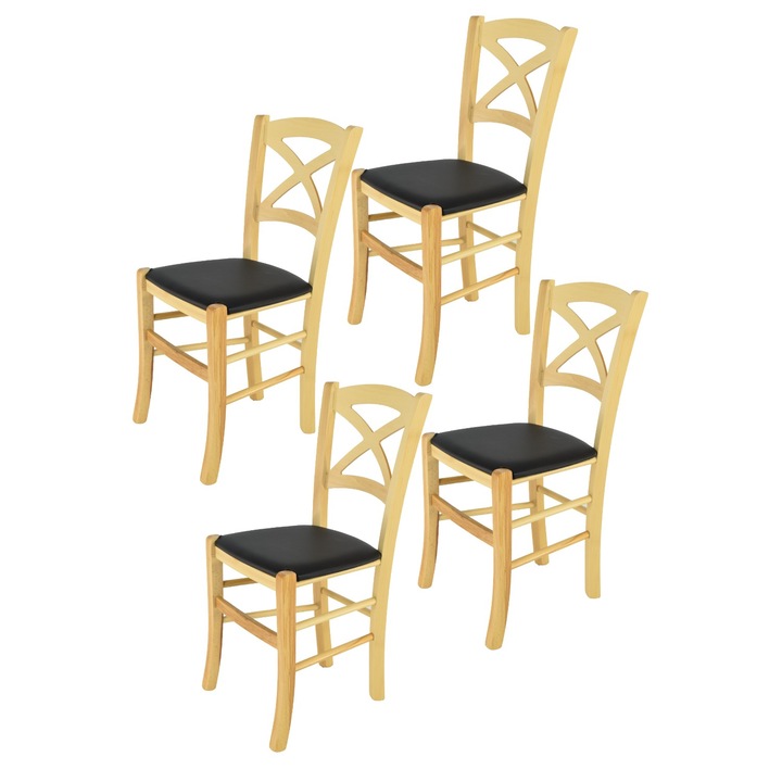 Set 4 scaune din lemn de fag CROSS t m c s, Tapitate cu piele ecologica, Maro deschis/Negru
