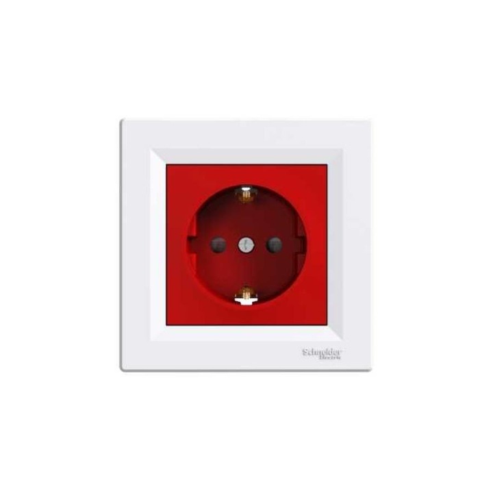 Priza Schneider ASFORA 2P+F, cu protectie pentru copii, insertie rosie, racord cu surub, alb, EPH2900521