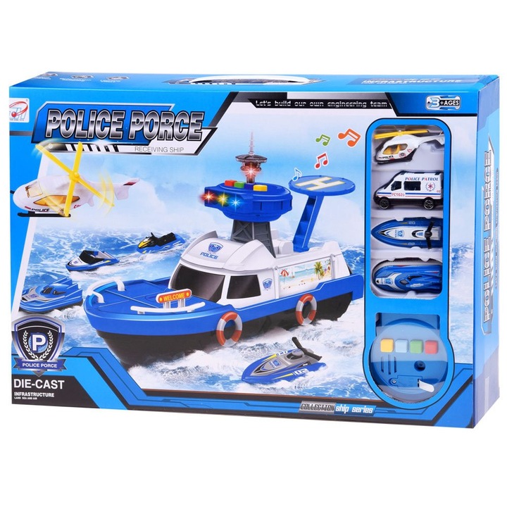 Set Nava-mama a politiei cu heliport + elicopter, microbuz, barca si barca cu motor, Ramiz, Multicolor
