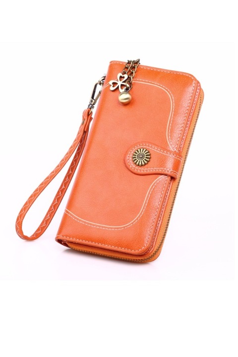 Portofel dama, tip borseta, piele ecologica premium, cu bareta, orange natural, 190x100x40mm