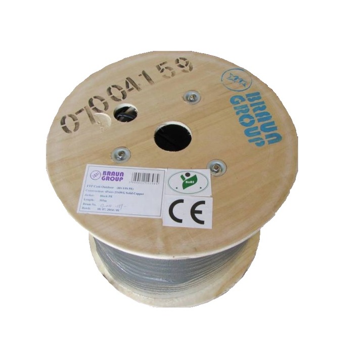 Cablu FTP cat6 exterior,cupru solid 0.57mm, folie aluminiu, invelis PE (7,70mm) negru,