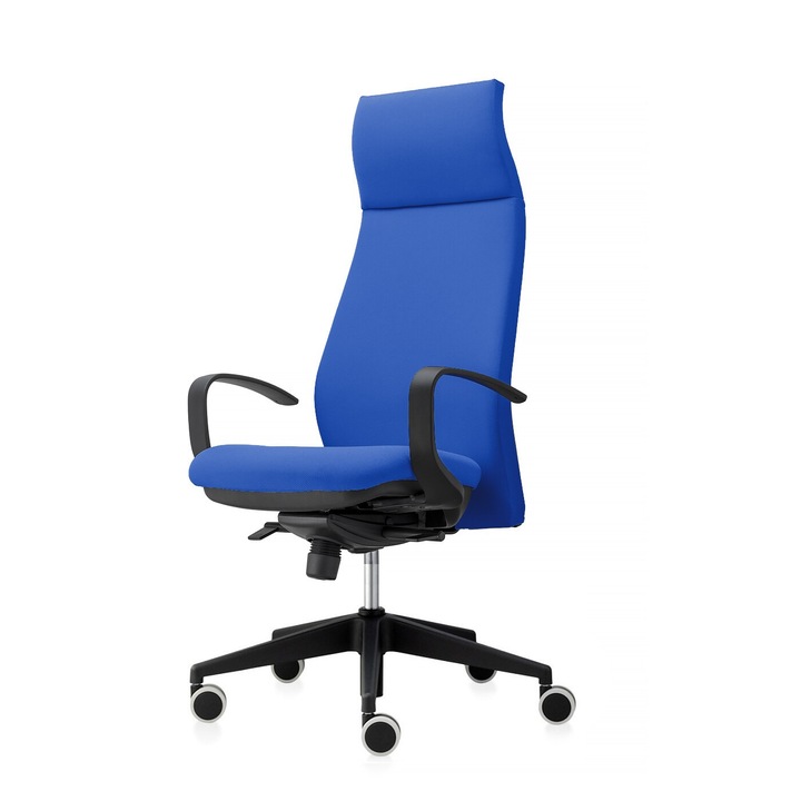 Scaun ergonomic de birou TRAFFIC CHAIRS LONG, sezut si spatar tapitat textil, ALBASTRU, spatar reglabil pe inaltime, tetiera incorporata in spatar, mecanism multiblock, role gumate mari