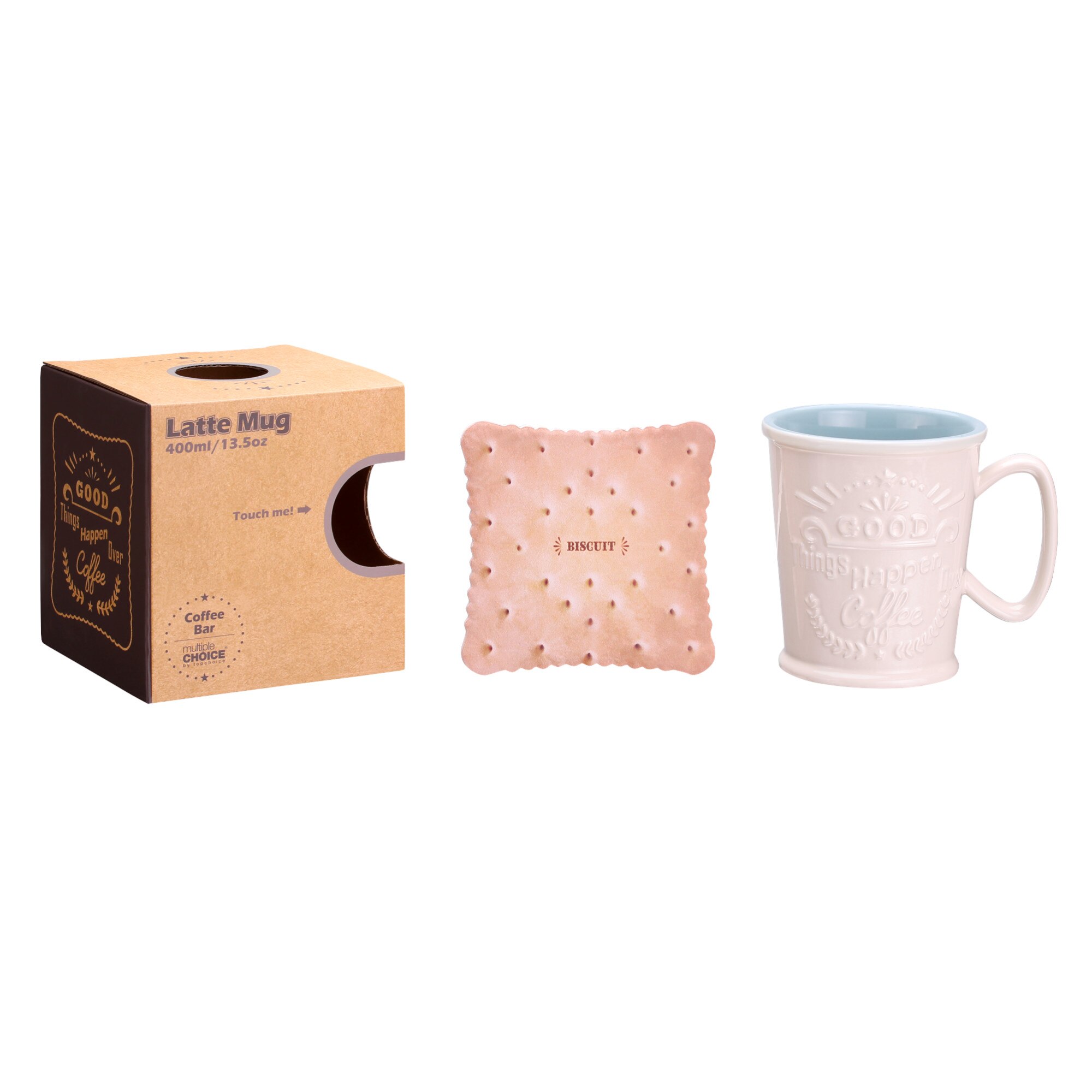 Set cana si coaster, Model in relief, Multiple Choice by TopChoice, 380 ml, Crem/Albastru, Cutie cadou