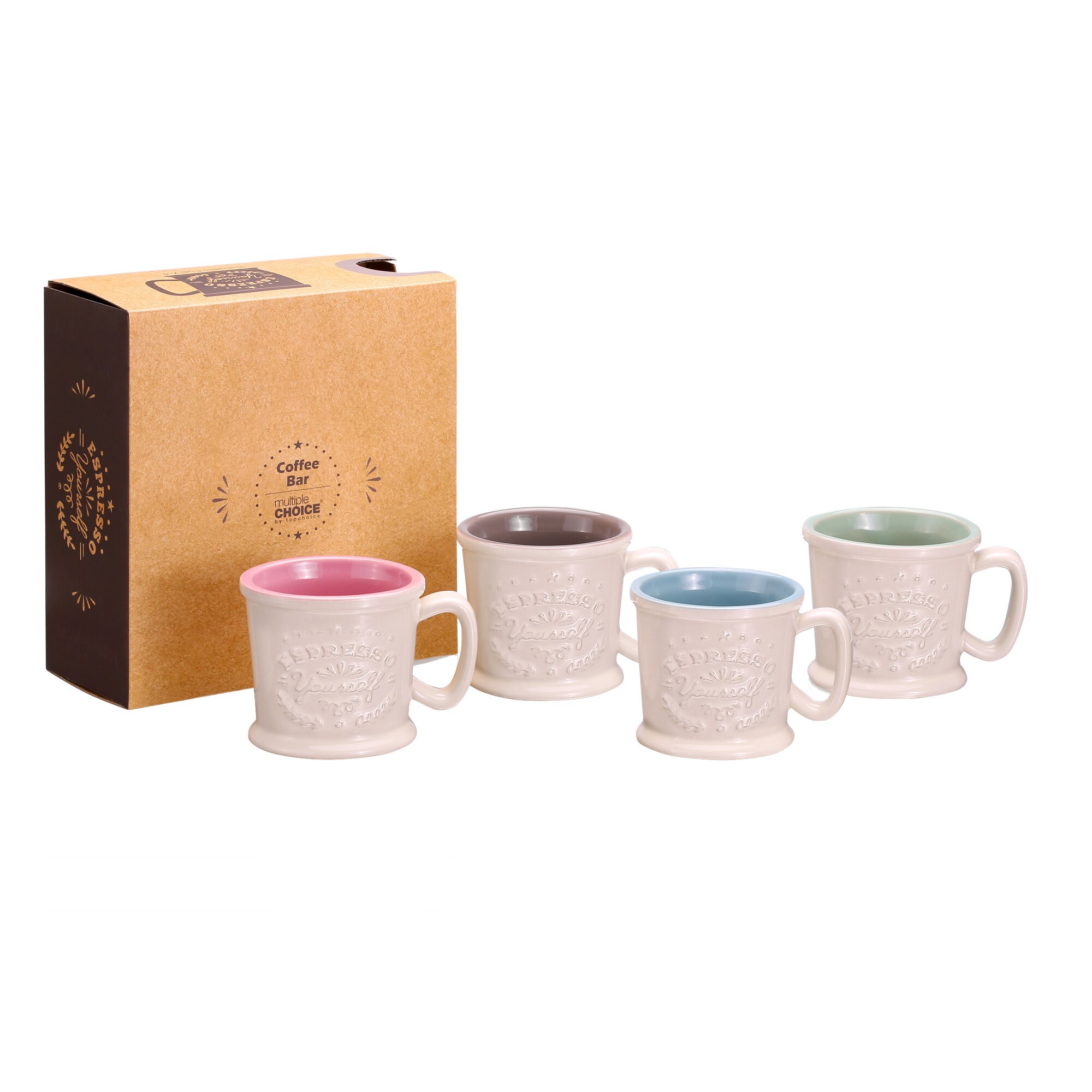 Set 4 cani pentru espresso, Model in relief, Multiple Choice by TopChoice, 90 ml, Cutie cadou