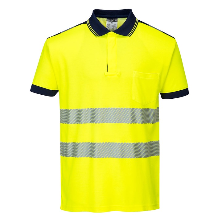 Tricou polo reflectorizant foarte respirabil, marimi mari - Portwest T180 - galben/bleumarin, L