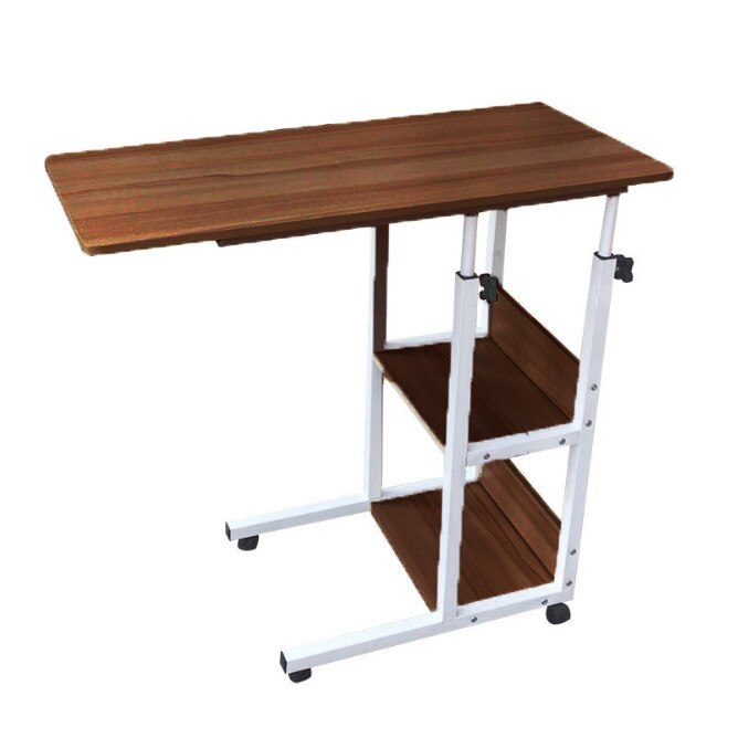 Masa laptop portabila din lemn cu roti si structura metalica, 2 etajere, inaltime ajustabila, maro