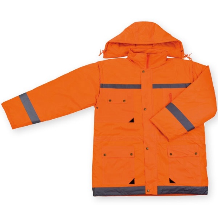 Jacheta impermeabila de iarna, portocaliu fluorescent cu benzi reflectorizante, cu maneci detasabile, marimea L