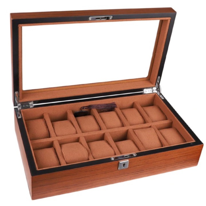 Кутия за съхранение на часовници Pufo Elite Edition, Дървена, За 12 часовника, Кафява