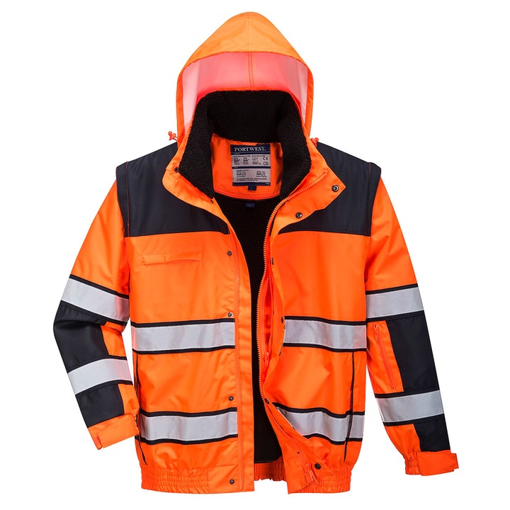 Jacheta Bomber de protectie cu gluga, HiVis Portwest - C466 4XL Negru si portocaliu