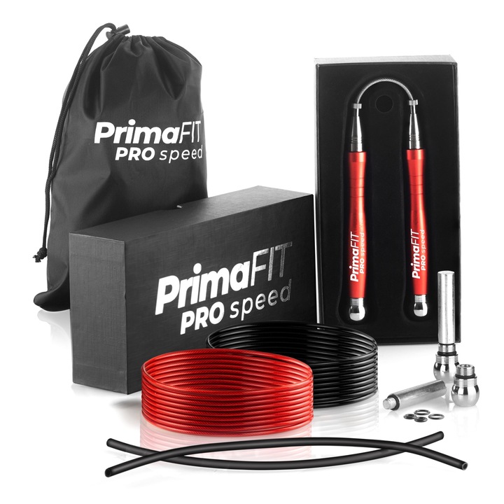 Въже за Скачане PrimaFIT Pro Speed, Професионално, 3м Регулируемо, Бързо с 2 Лагера, Допълнително Въже и Тежести, 2 Протектора, Алуминиеви Дръжки, Чантичка за Носене, Кросфит, Бокс, ММА, Червен