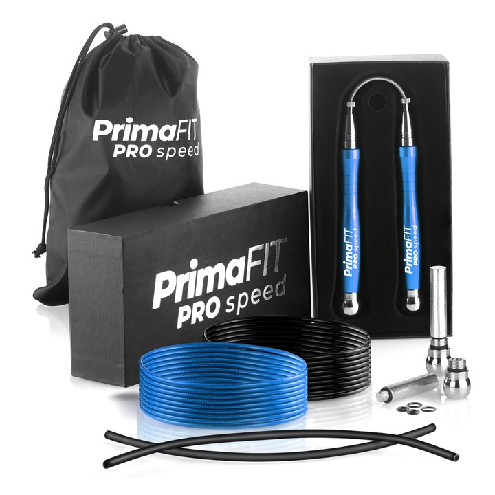 Въже за Скачане PrimaFIT Pro Speed, Професионално, 3м Регулируемо, Бързо с 2 Лагера, Допълнително Въже и Тежести, 2 Протектора, Алуминиеви Дръжки, Чантичка за Носене, Кросфит, Бокс, ММА, Син