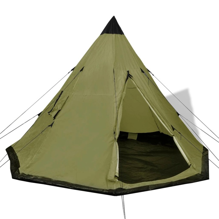 Cort camping 4 persoane, vidaXL, Textil si fier, 365 x 365 x 250 cm, Verde