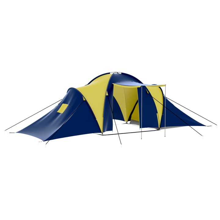 Cort camping 9 persoane, vidaXL, Textil, 590 x 400 x 185 cm, Albastru/Galben