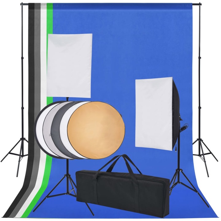 Set de lumini pentru studio cu 5 fundaluri colorate si 2 softbox, vidaXL, Aluminiu, Multicolour