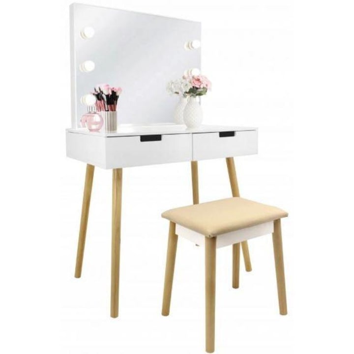 Smink asztal led-es tükörrel, retró, fehér, 80 x 50 x 135 cm