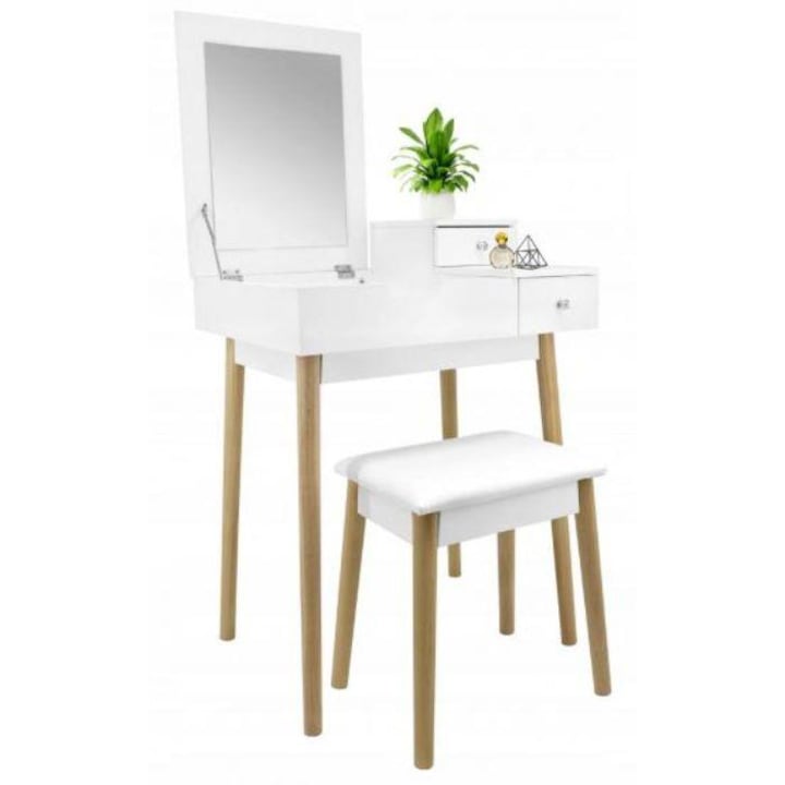 Artool, Smink asztal tükörrel és székkel, retró, fehér, 60 x 50 x 86 cm