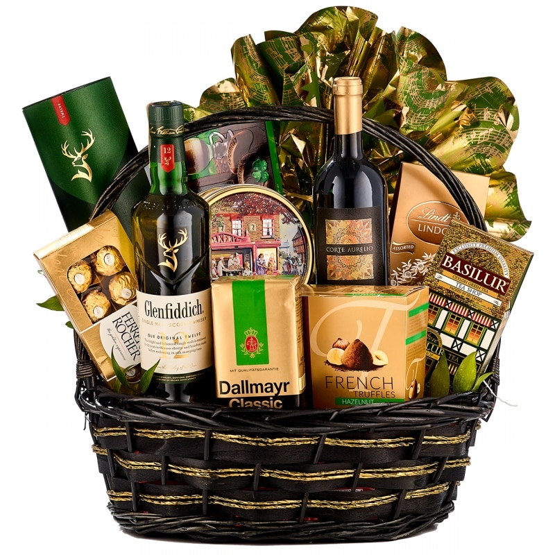 Cos elegant, Best Image, Luxury Single Malt, cu scotch whiskey Single Malt Glenfiddich 12 years, vin rosu Corte Aurelio Nero D’Avola, praline fine, trufe de ciocolata, fursecuri daneze si cafea Dallmayr. Cadoul contine 11 articole.