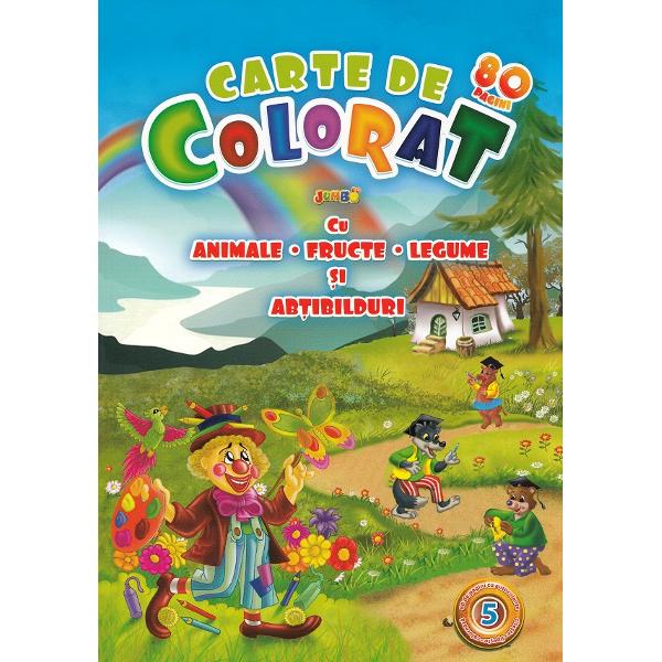 Carte de colorat jumbo 5 cu animale, fructe, legume si abtibilduri