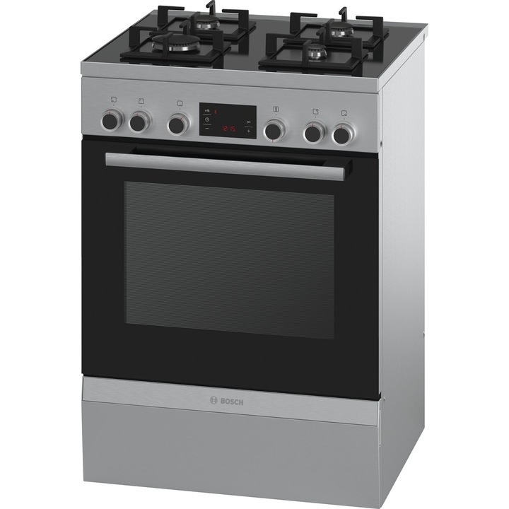 Aragaz mixt Bosch HGD747355F, Plita pe gaz vitroceramica, Cuptor multifunctional 3D plus , Grill, 66 l, 8 functii, Autocuratare catalitica, 60 cm, Inox