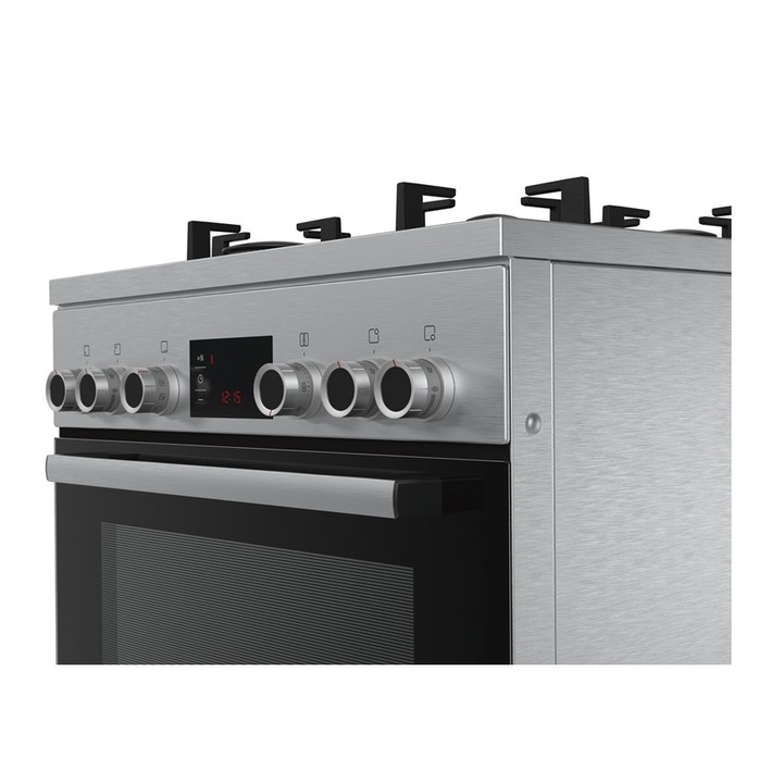 Aragaz mixt Bosch HGD747355F, Plita pe gaz vitroceramica, Cuptor multifunctional 3D plus , Grill, 66 l, 8 functii, Autocuratare catalitica, 60 cm, Inox