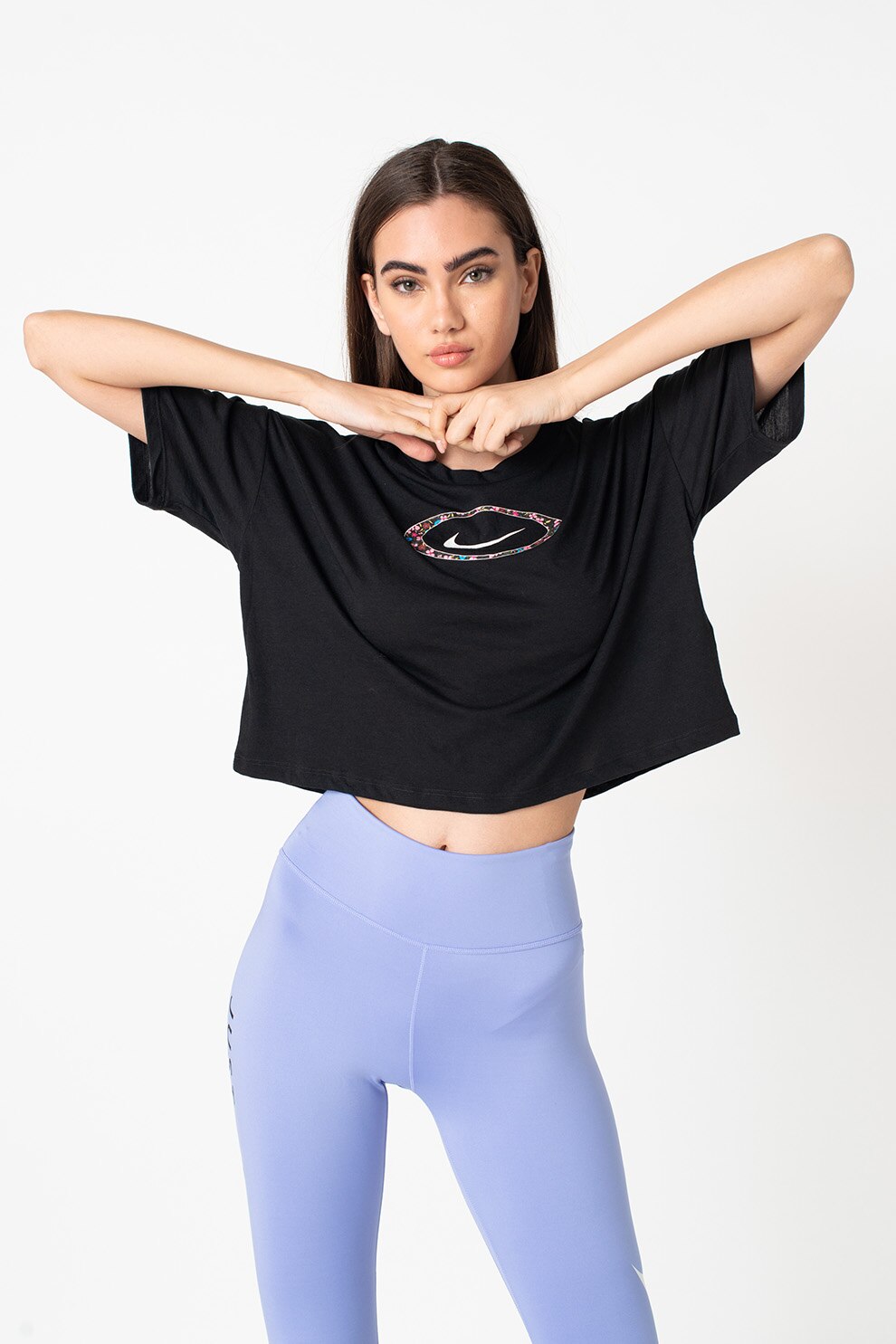 Nike, Tricou crop cu Dri-Fit, pentru fitness, Negru/Roz/Alb