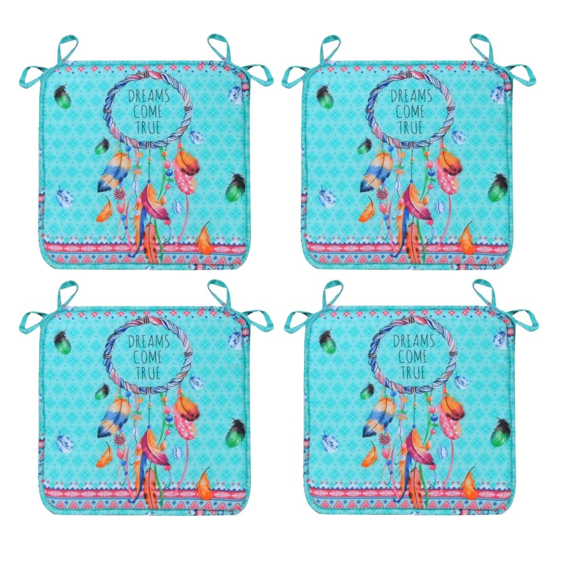 Set perne decorative pentru scaun cu model dreamcatcher, forma patrata, 38x38 cm, Multicolor, 4 piese