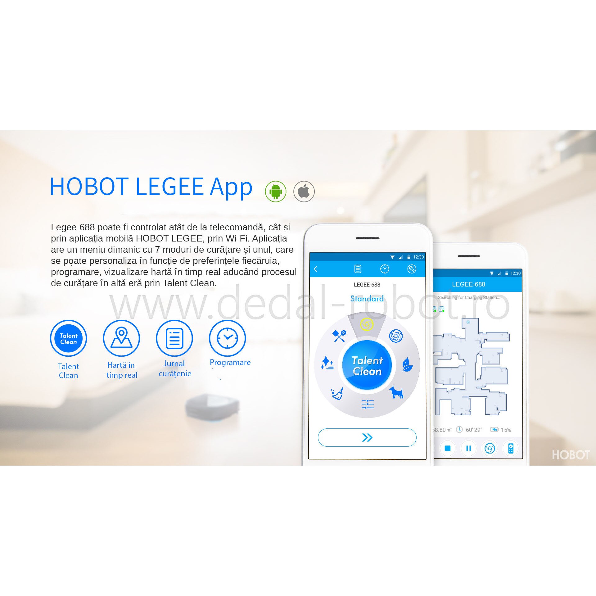 Aspirator Mop Robot, Legee 688 4 in 1, cu Aplicatie mobila, Telecomanda, FastBrush, Navigare Smart, Negru