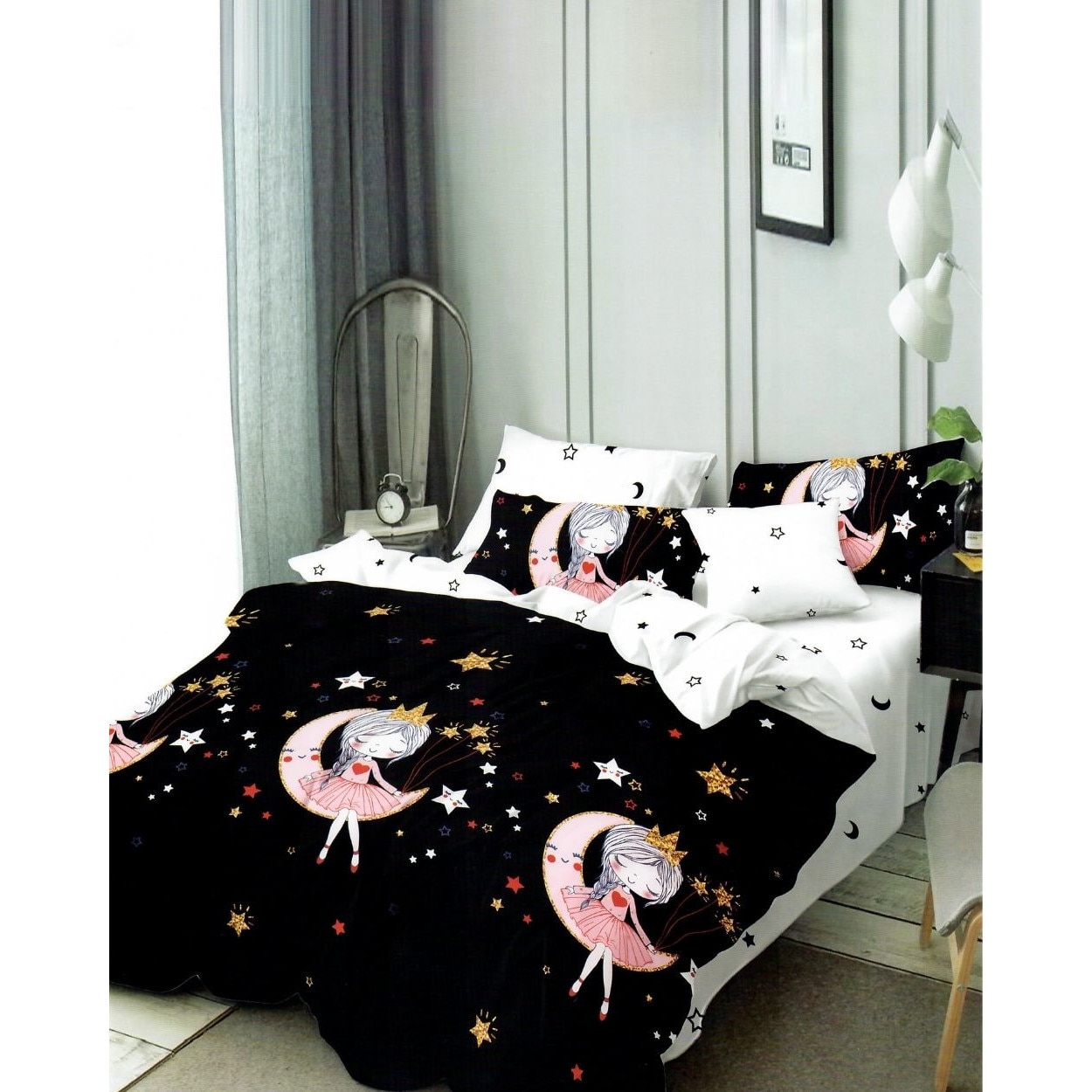 Set Lenjerie Bumbac Satinat, 6 Piese, Pat 2 Persoane, Moon Princess