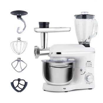Mixer cu bol din inox Biovita MB-1500SET, 1500 W, Bol 6 L inox, 6 Viteze, cu Tocator si Blender, Alb Mixer cu bol din inox Biovita MB-1500SET, 1500 W, Bol 6 L inox, 6 Viteze, cu Tocator si Blender, Alb