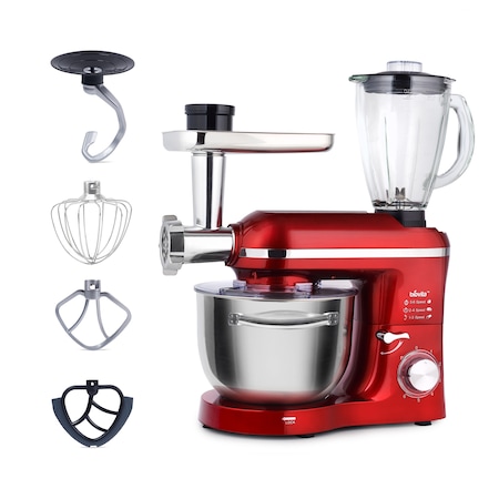 Mixer cu bol din inox Biovita MB-1500SET, 1500 W, Bol 6 L inox, 6 Viteze, cu Tocator si Blender, Rosu