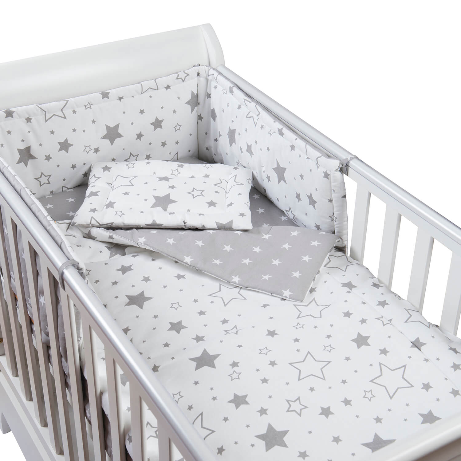 Set lenjerie 4 piese din bumbac Kidizi Galaxy Grey, perna bebelus, plapumioara, aparatoare si cearceaf