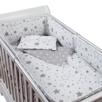 Set lenjerie 5 piese din bumbac Kidizi Galaxy Grey, perna bebelus, plapumioara, aparatoare si cearceaf