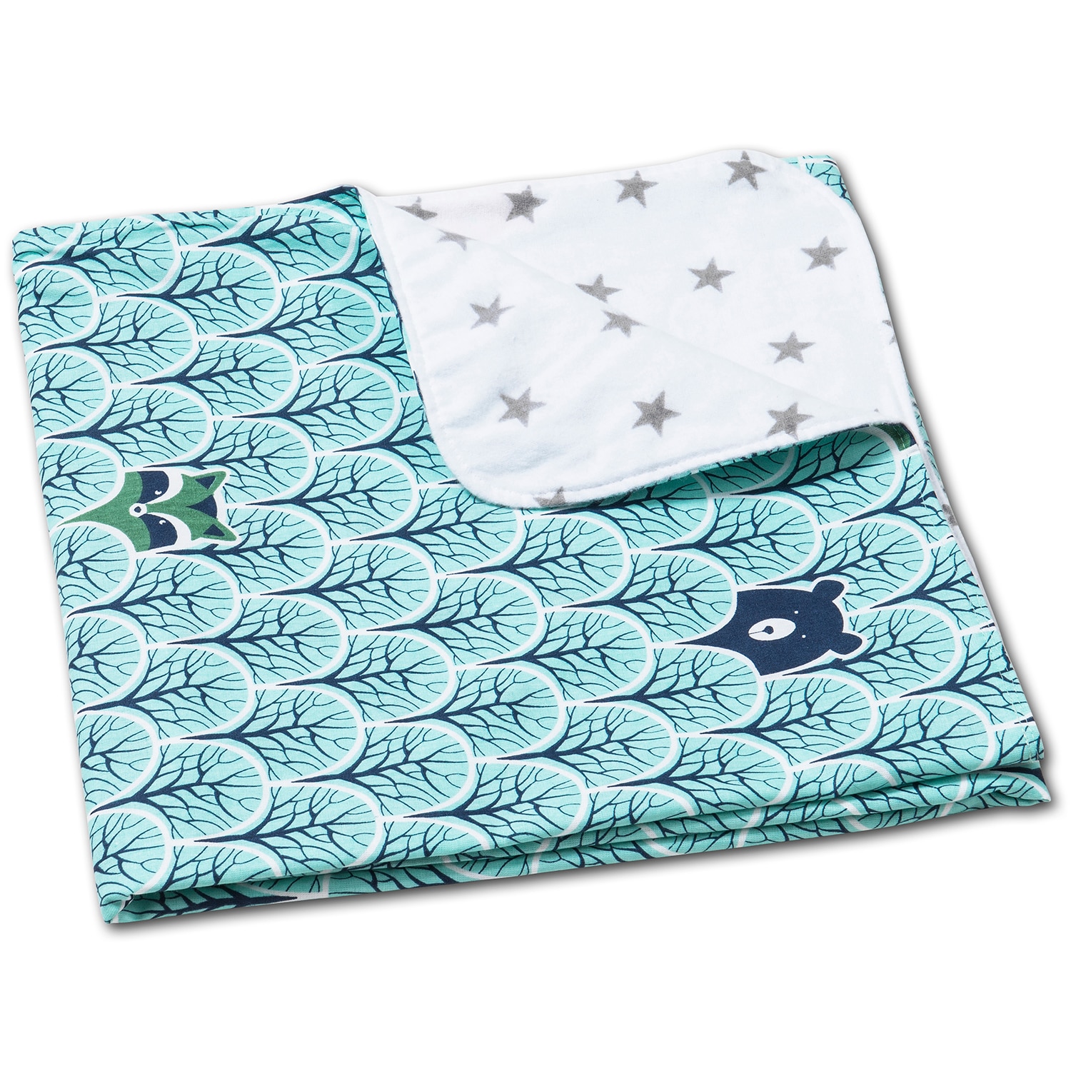 Paturica dubla din bumbac si flanel 100x75 cm Kidizi Animals Mint, 100% bumbac